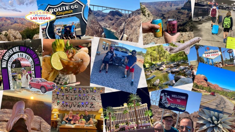 A collage of photos from Epic Family Road Trip: Las Vegas to the Grand Canyon and Sedona Adventure featuring photos from Las Vegas, Grand Canyon South Rim, and Sedona