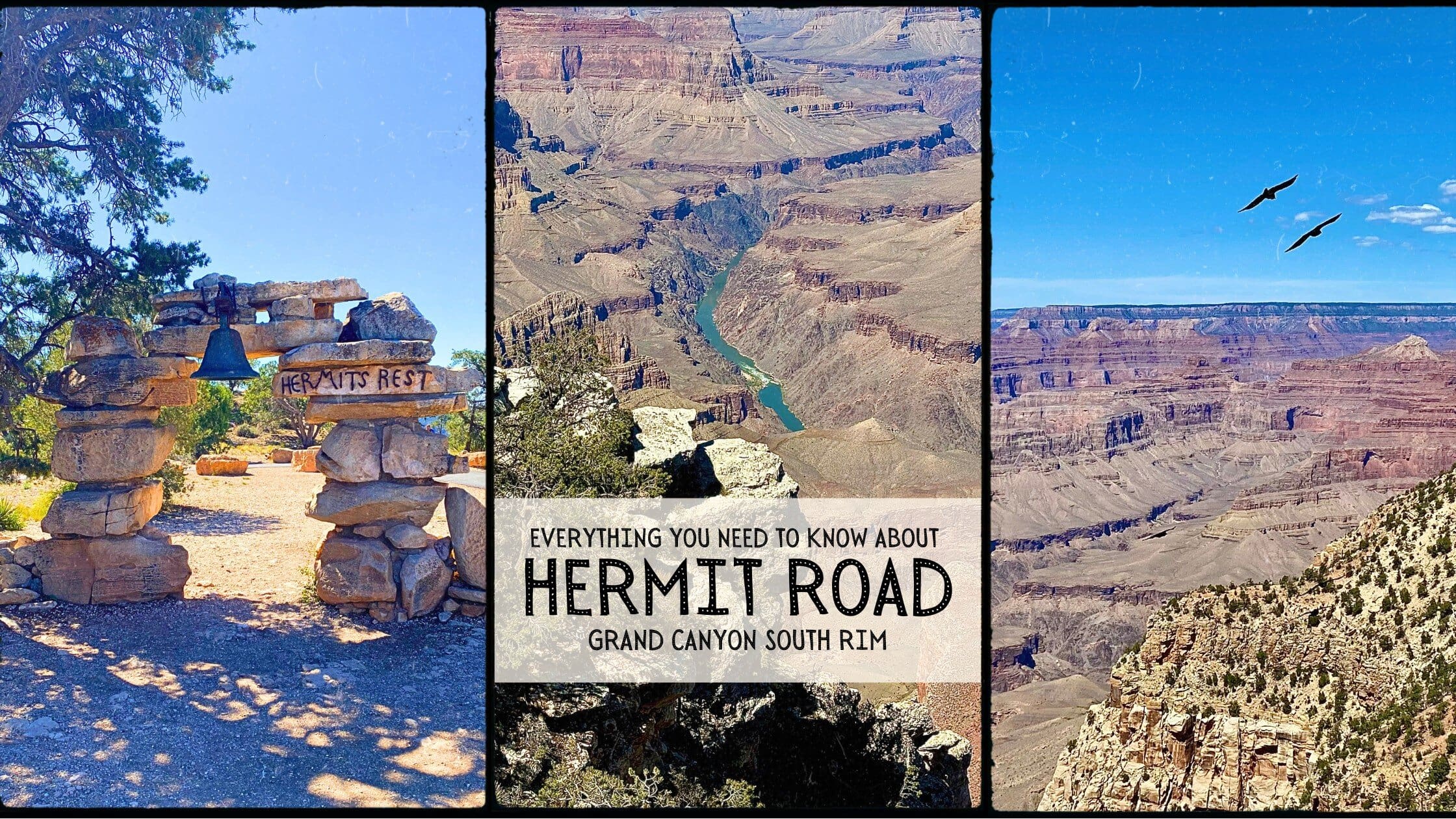 Historic Hermit’s Rest on Hermit Road, featuring a rustic stone arch with a broken bell and breathtaking Grand Canyon views.