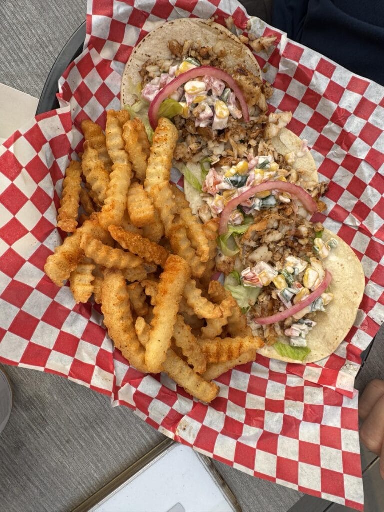 Mahi mahi tacos and crispy fries at Riverview Restaurant, one of Kure Beach’s best gluten free restaurants