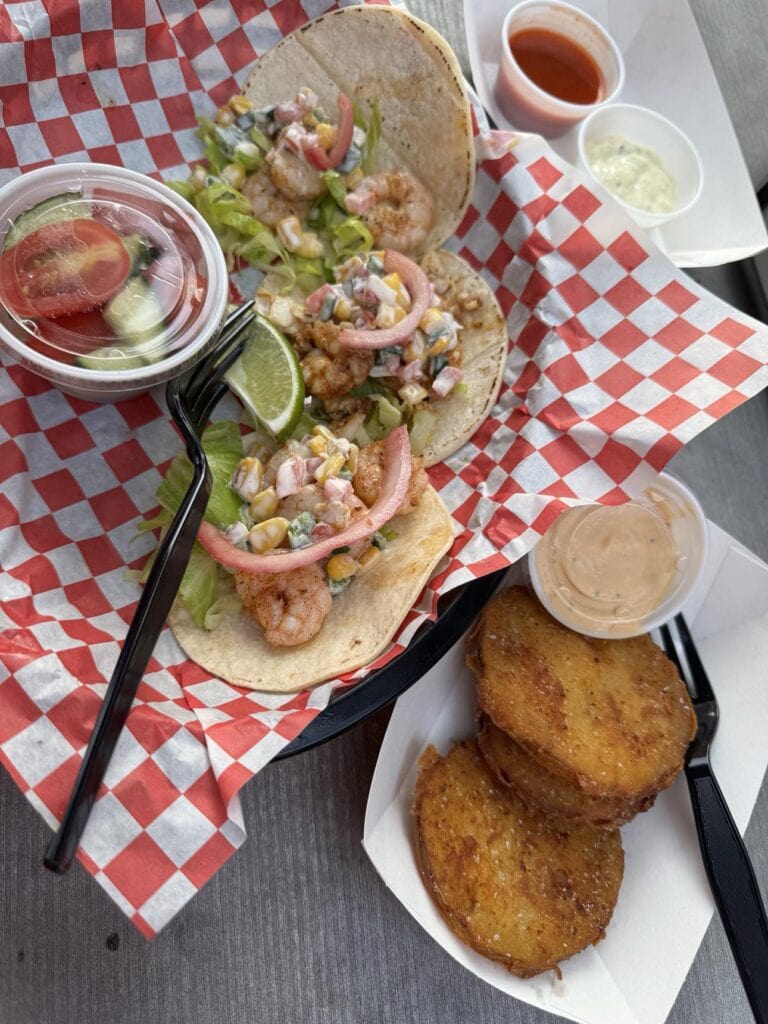 Gluten-free shrimp tacos with fried green tomatoes from Riverview Restaurant in Kure Beach